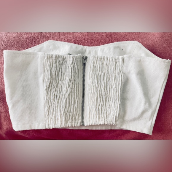 Rhinestone Studded SM White Denim Cropped Stretch Sweetheart Neckline Corset Top - Picture 3 of 6